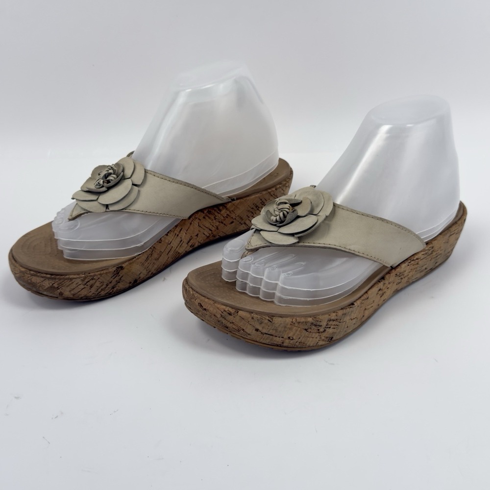 Crocs A-Leigh Flower Leather Cork Wedge Flip Flop Sandals Women's 11 Beige